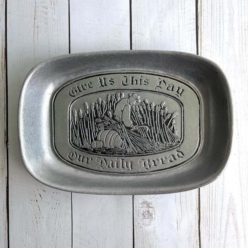 VTG Wilton Armetale Pewter Give Us This Day Our Daily Bread Tray USA Wheat 9.25”